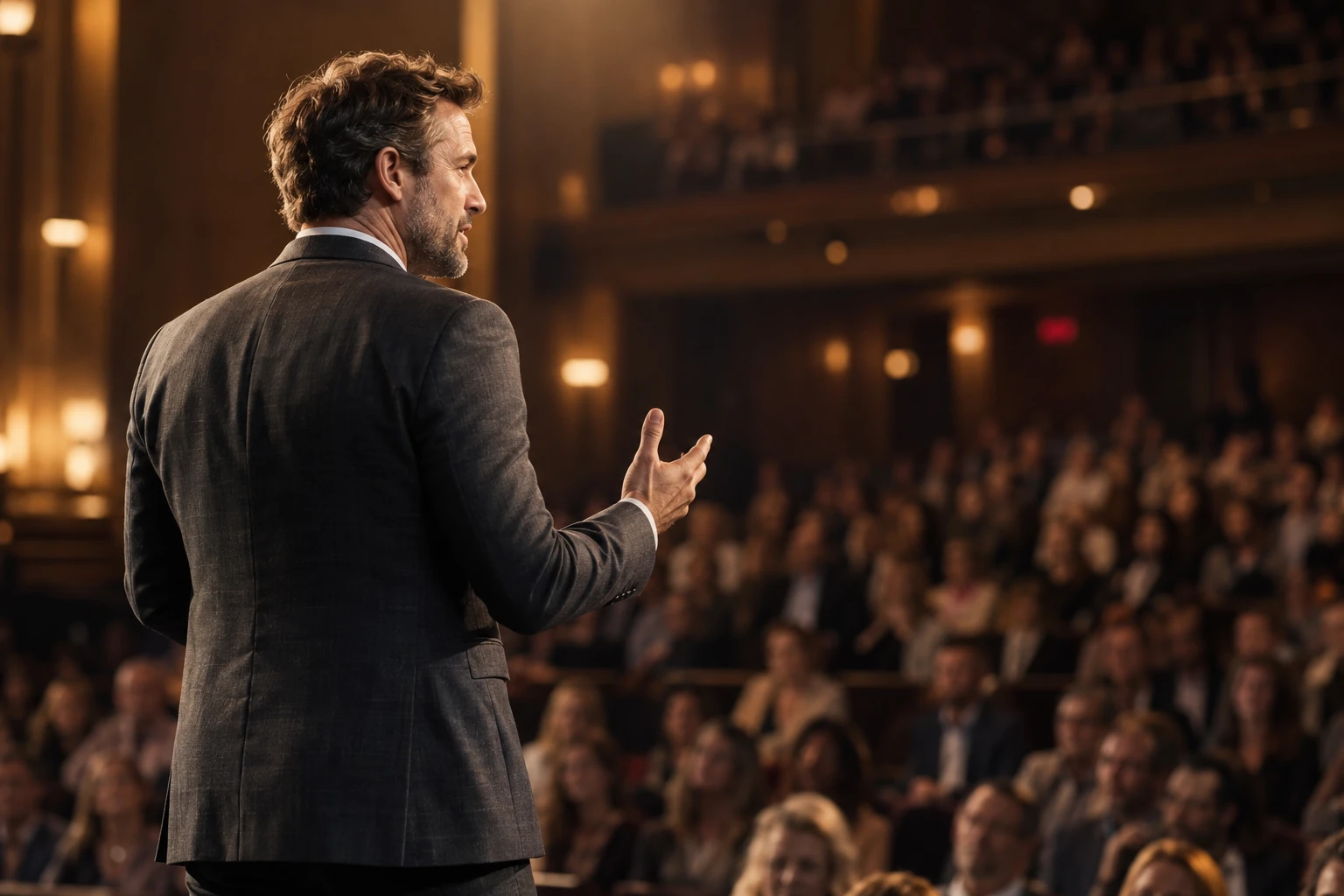 Editorial image of a speaker facing an auditorium audience